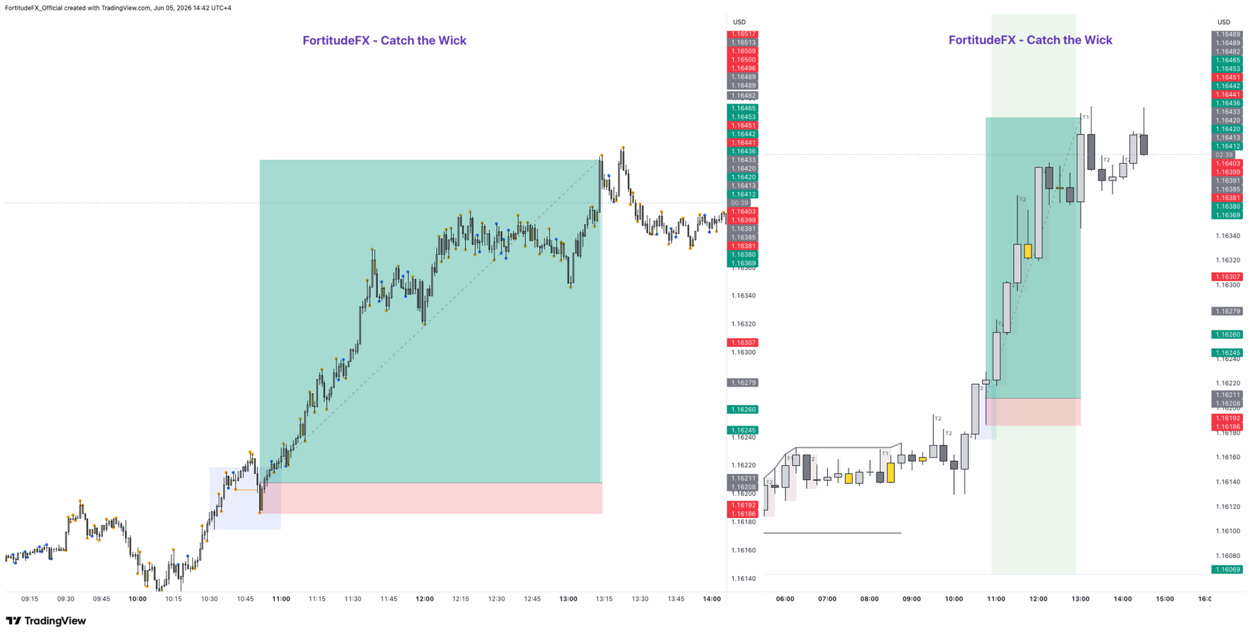 FortitudeFX Catch The Wick — live trade setup across 15m and 1m timeframes