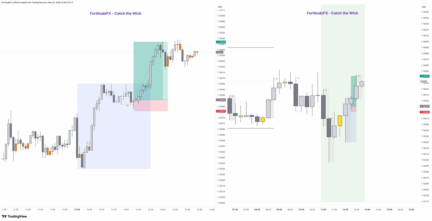 FortitudeFX Catch The Wick — live trade setup across 15m and 1m timeframes